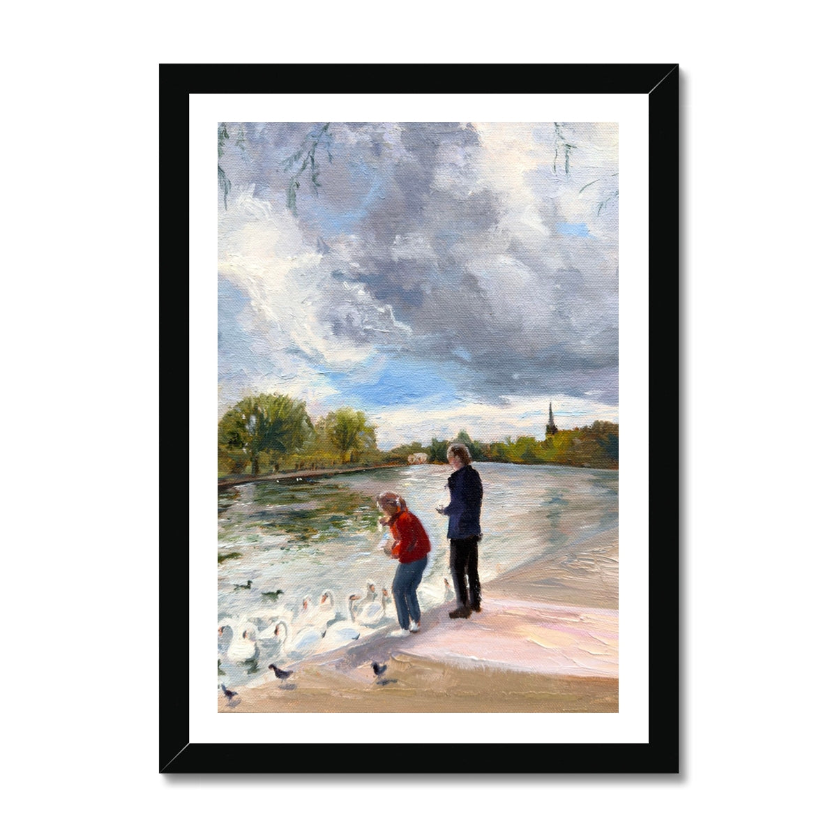 Swans in Stratford-Upon-Avon Fine Art Black Frame River painting Print