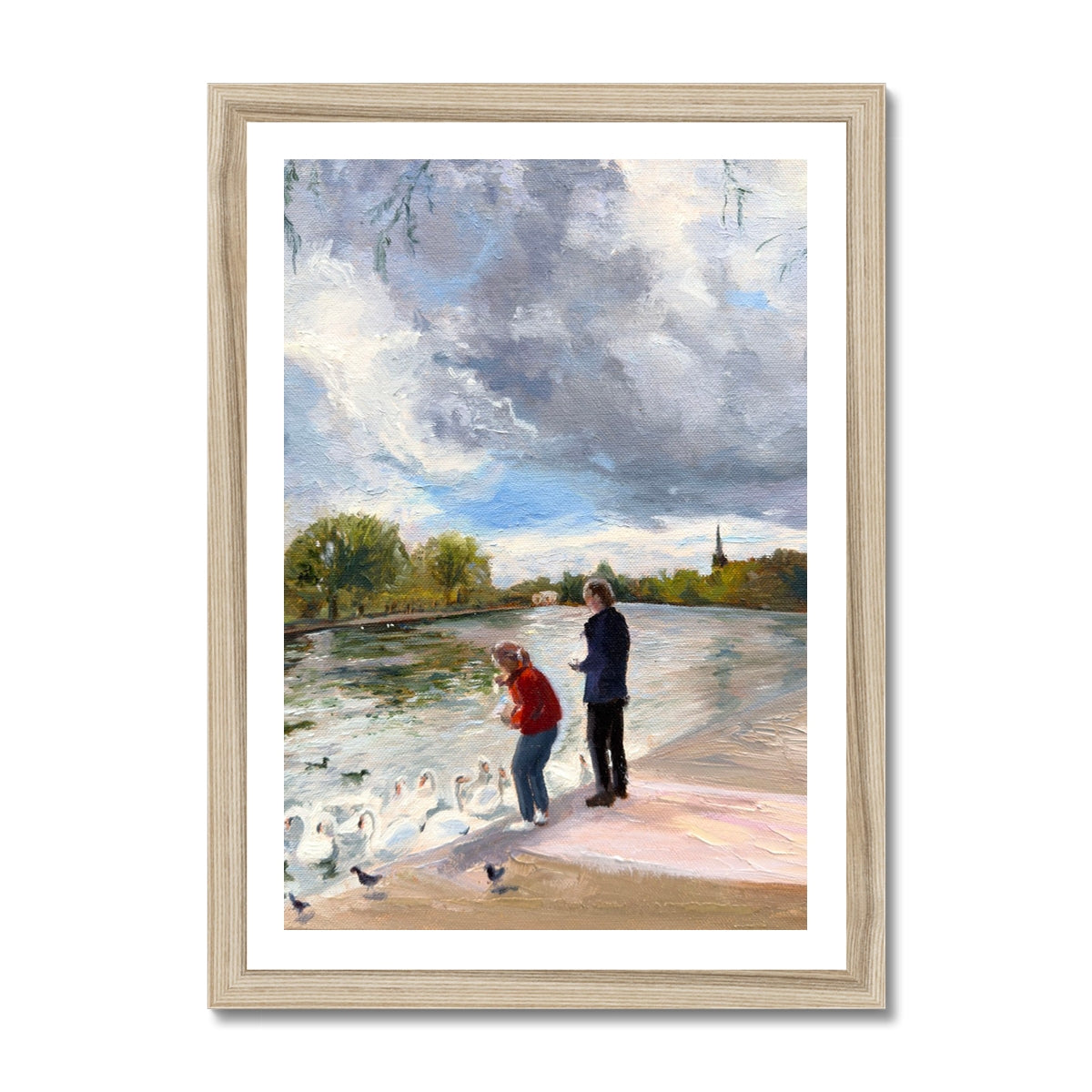 Feeding Swans by the River Avon Fine Art Framed Print