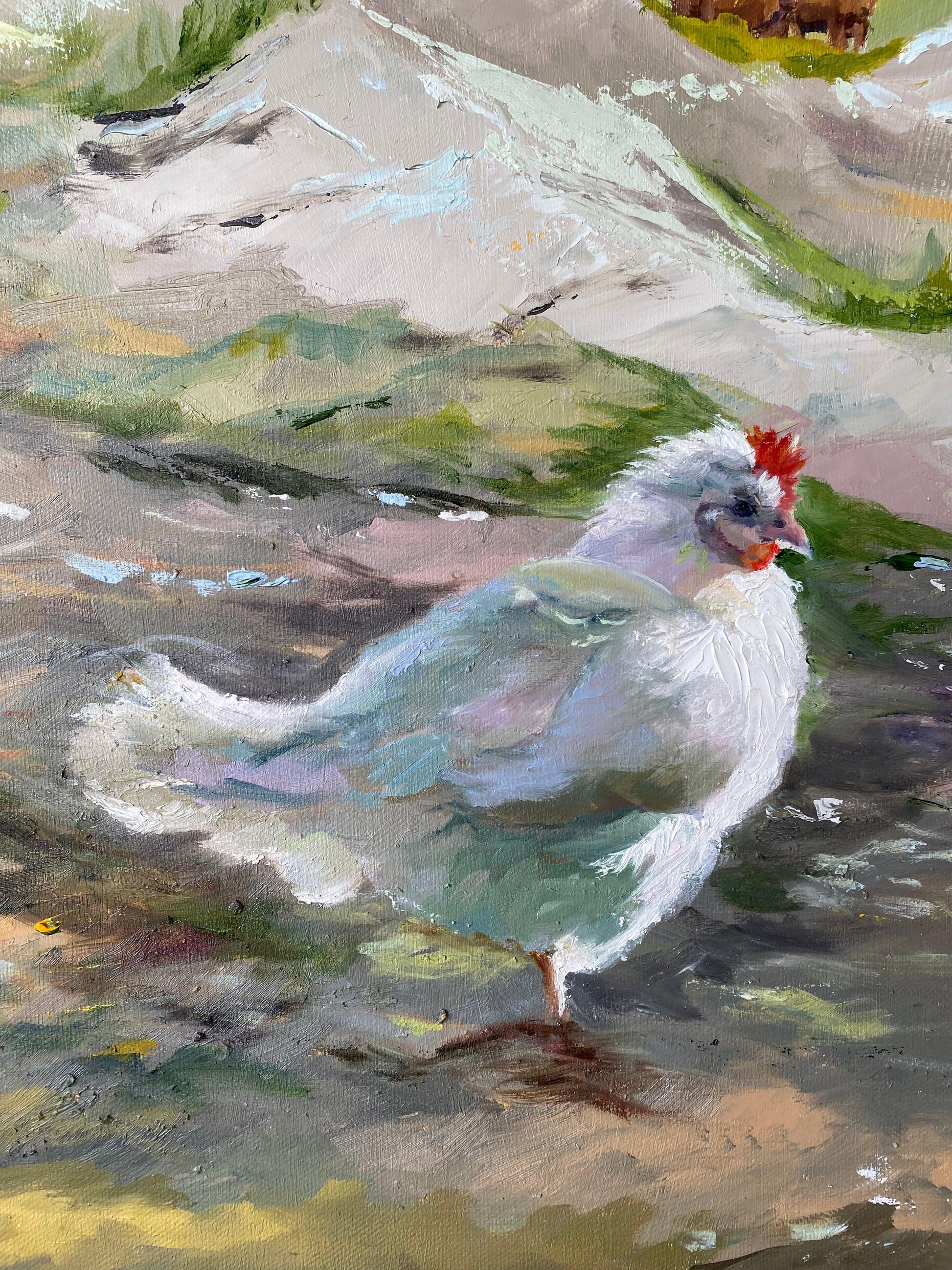 Cheerful depiction of two cows and a chicken, showcasing their curious and playful personalities in a countryside scene. Oil painting. Chicken Close up. 