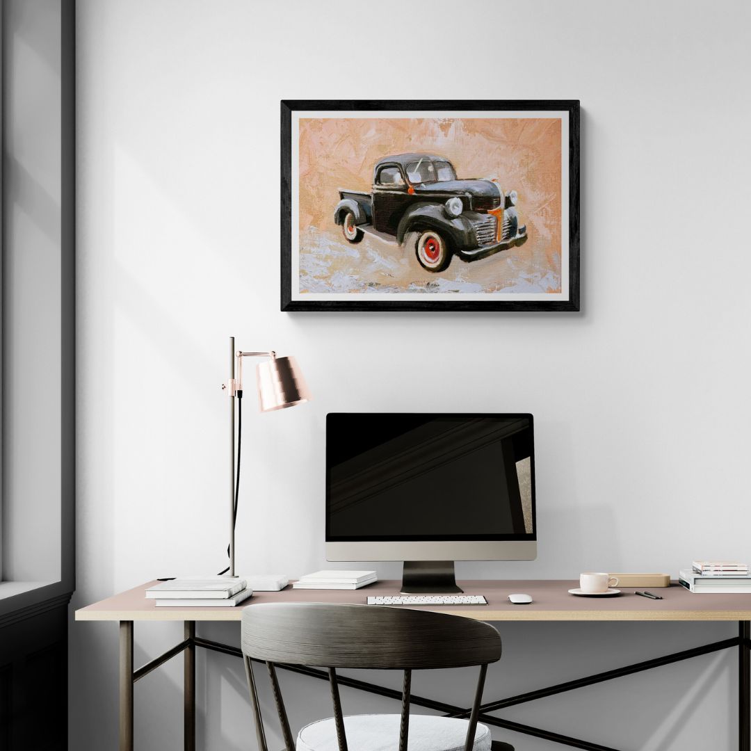 Vintage art print of a classic Dodge car, showcasing its retro design. This fine art piece highlights the iconic curves and vibrant colours of the vintage Dodge, set against a stylish background. Perfect for fans of classic cars, retro automotive art, and Dodge collectors looking for unique decor.