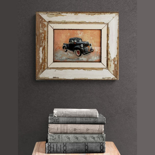 Oil painting of a vintage Dodge truck, framed in rustic reclaimed wood, capturing timeless automotive charm and retro style.