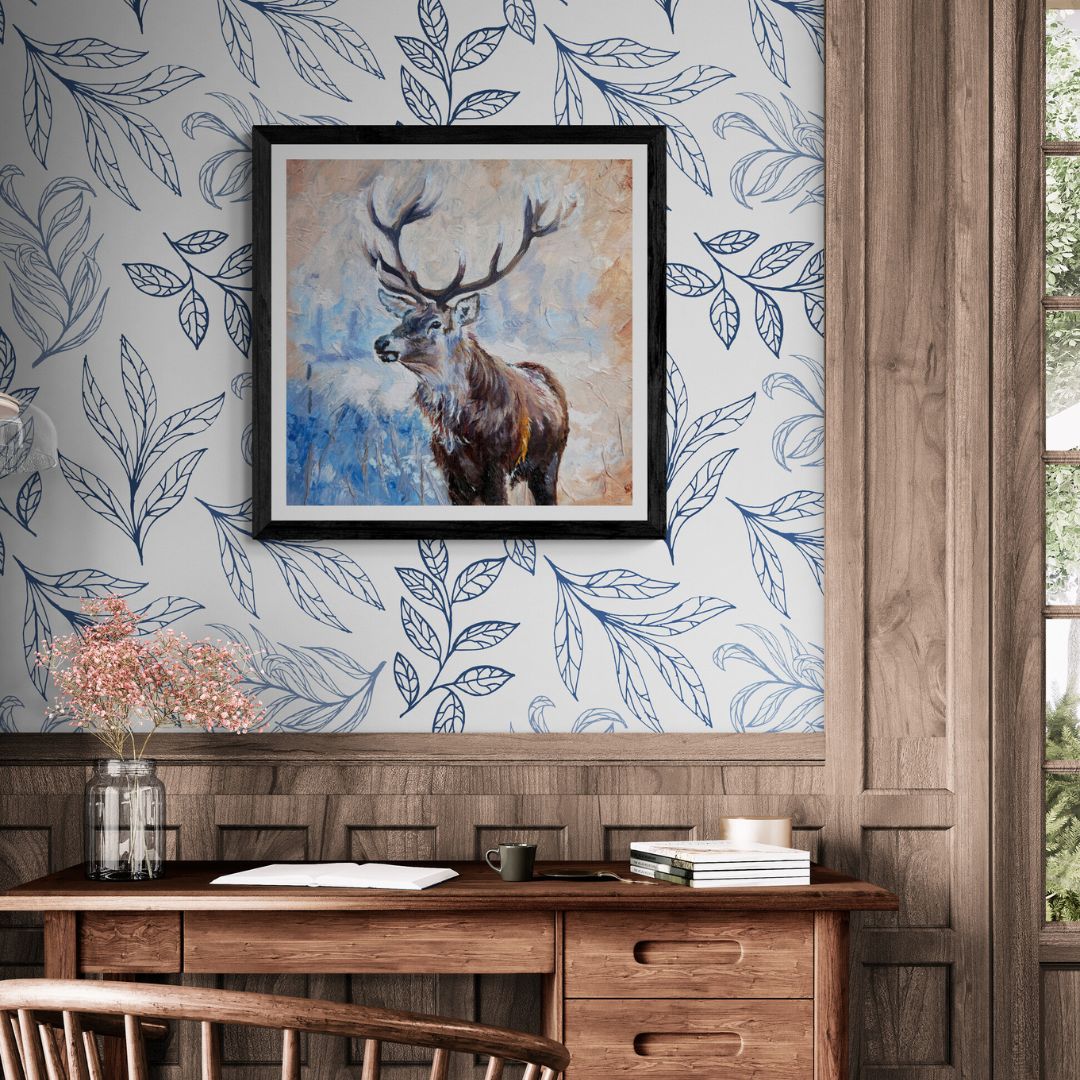 Stag print wall art with blue abstract background