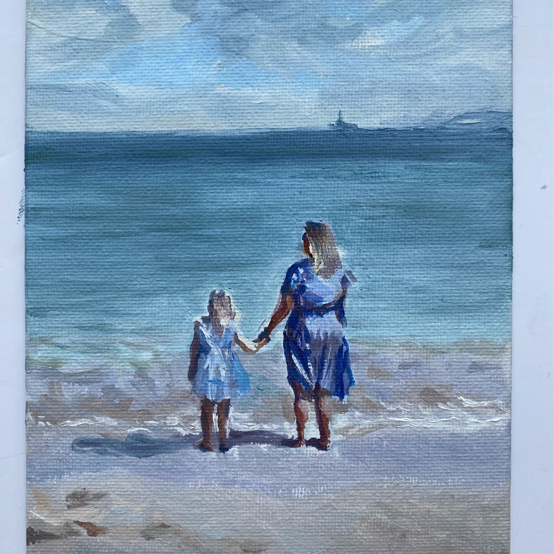 A lady and her daughter share a moment looking out across the horizon on a Cornish beach. Mini oil painting by Lorraine Field Art.