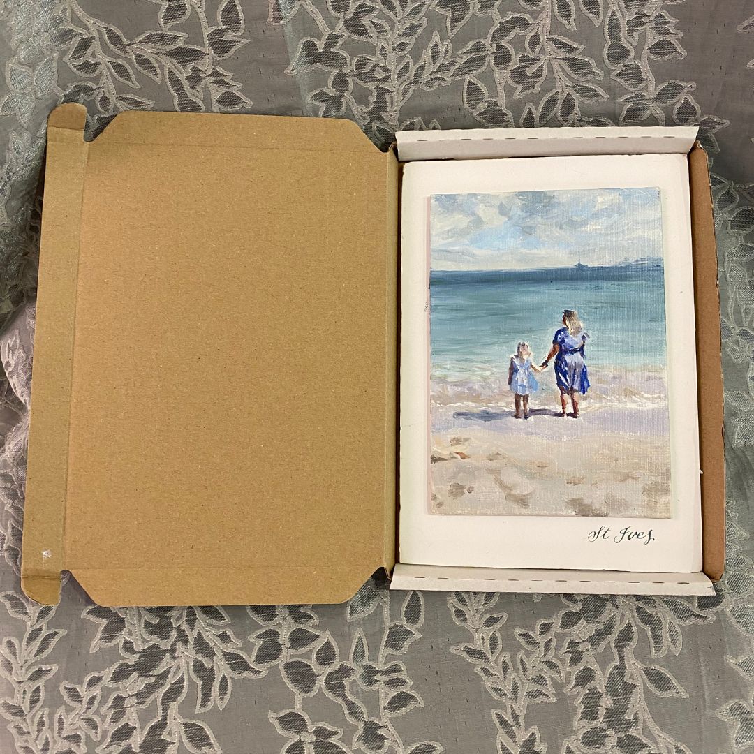 Presentation packaging for mini oil painting of lady and her daughter in St Ives Portminster Beach