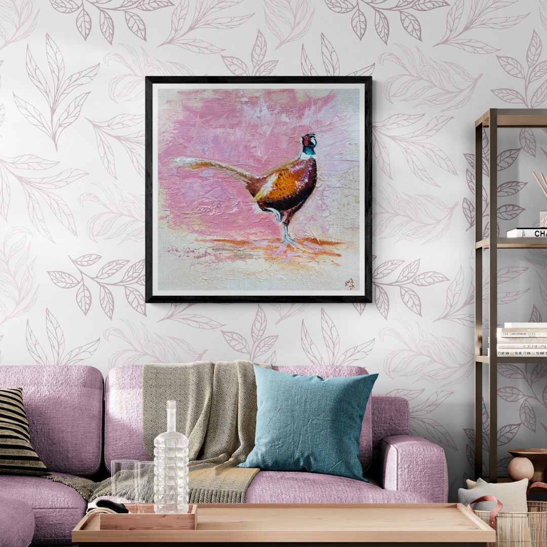 Playful Pheasant wall art displayed in a modern living room, adding charm and cheerful decor to the space