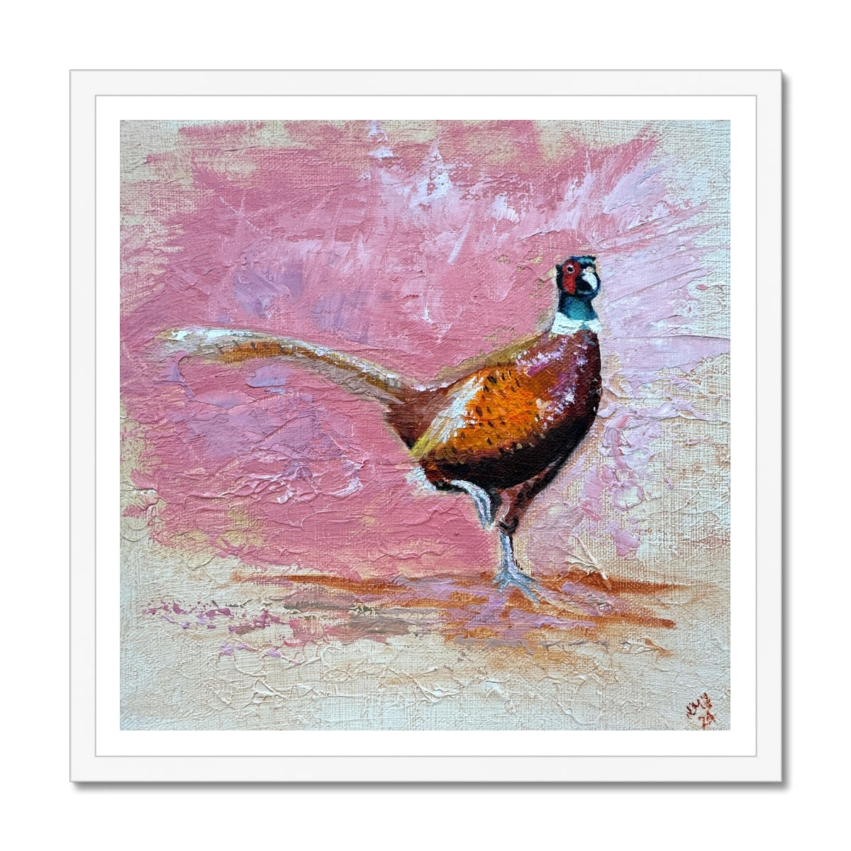 Close-up of a whimsical pheasant print, showcasing vibrant colours and playful design on a pastel-coloured background.