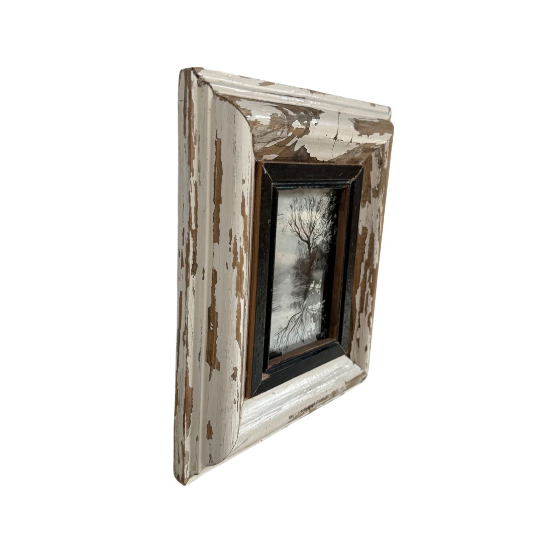 Nature-themed oil artwork of swans on a mist-covered canal, set in a reclaimed wooden frame for a unique and environmentally conscious aesthetic.