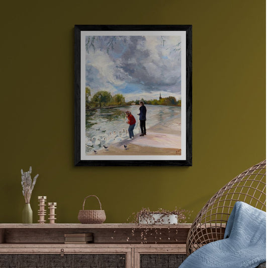 Feeding swans in Stratford-Upon-Avon Fine art print in black frame