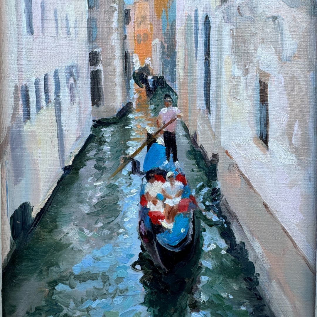 A vibrant oil painting featuring a gondola gliding along a bustling Venetian canal, capturing the lively ambiance of Venice.