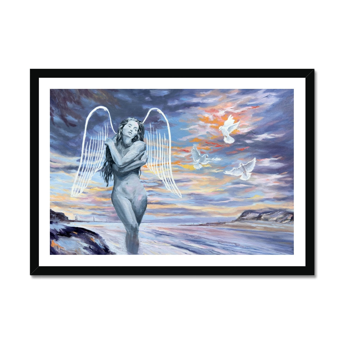 Mystical lady fine art print in black frame with three doves