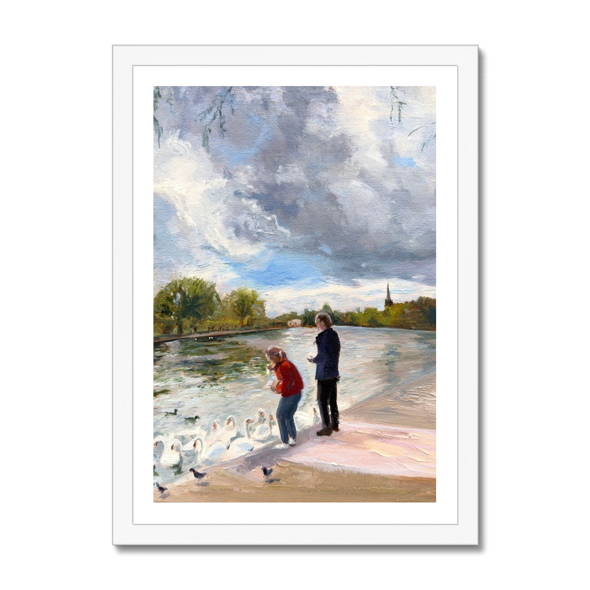 Swans in Stratford-Upon-Avon Fine Art White Frame Print